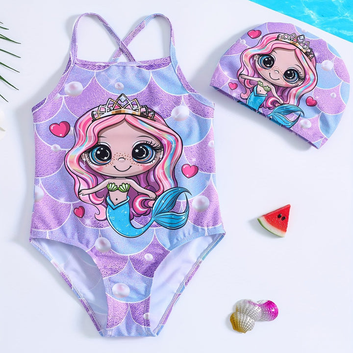 Costume da bagno intero con stampa sirena per bambine