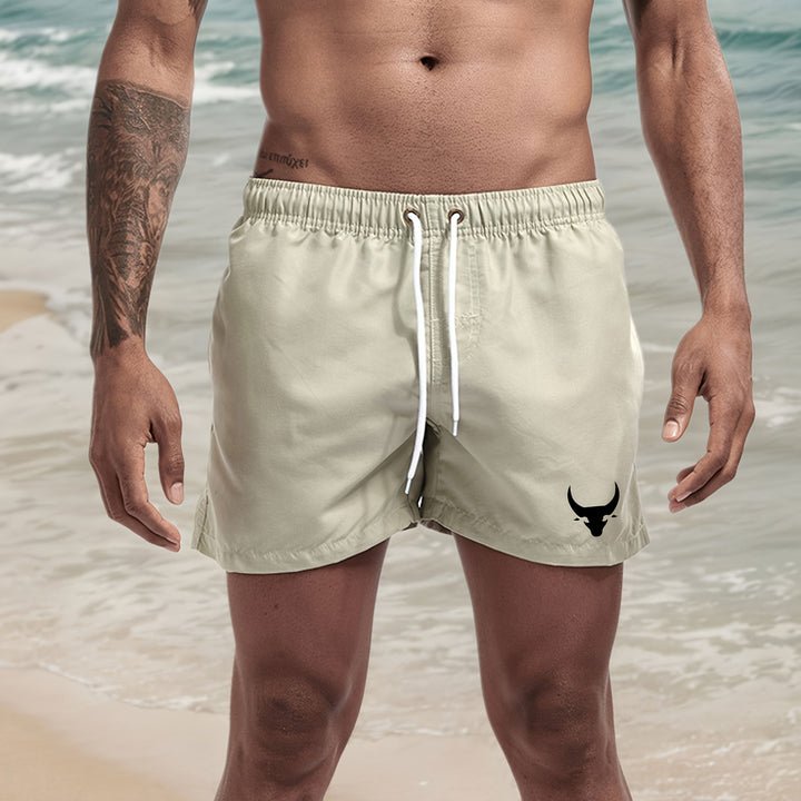 Pantaloncini da bagno casual da uomo con testa di toro, azzurri