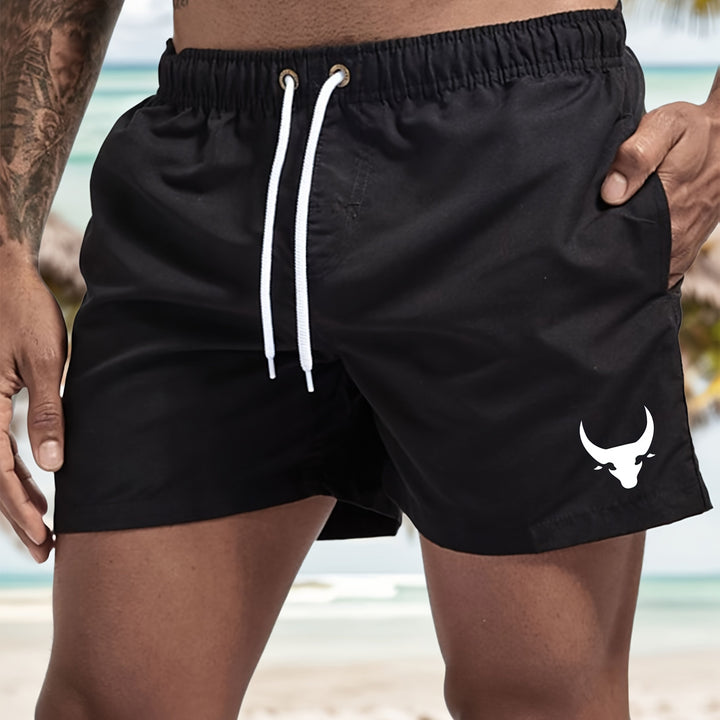 Pantaloncini da bagno casual da uomo con testa di toro, azzurri