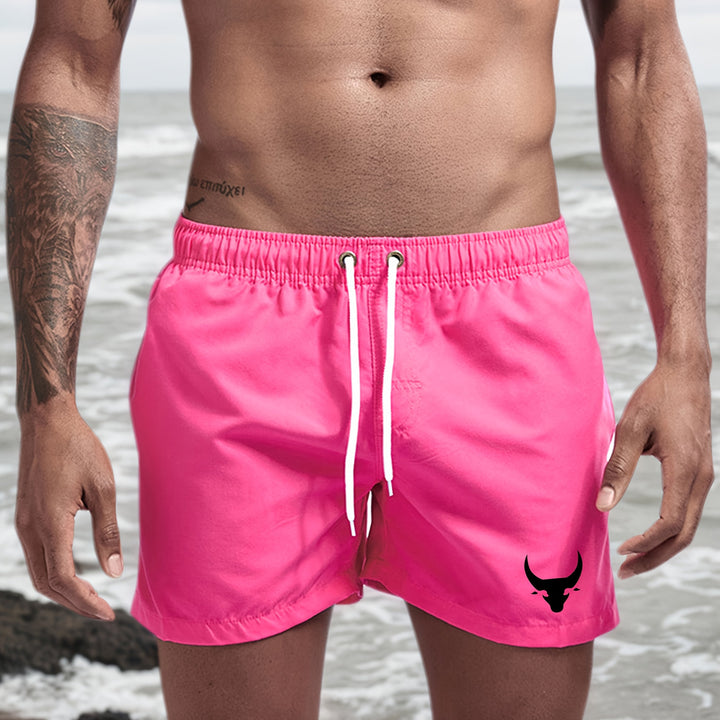 Pantaloncini da bagno casual da uomo con testa di toro, azzurri