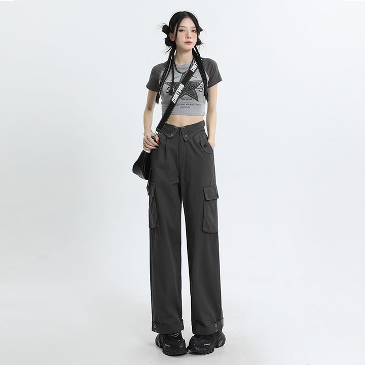 Pantaloni cargo grigio scuro da donna, estivi, eleganti, a vita alta, casual, larghi, dritti e a gamba larga, con coulisse