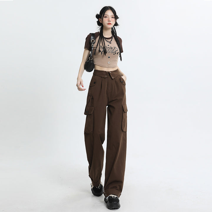Pantaloni cargo grigio scuro da donna, estivi, eleganti, a vita alta, casual, larghi, dritti e a gamba larga, con coulisse