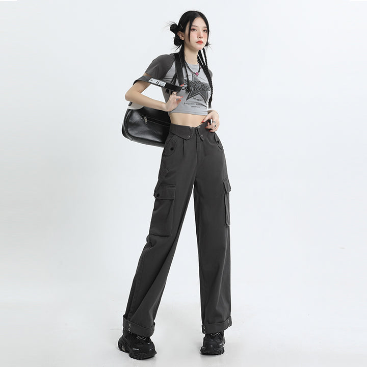 Pantaloni cargo grigio scuro da donna, estivi, eleganti, a vita alta, casual, larghi, dritti e a gamba larga, con coulisse
