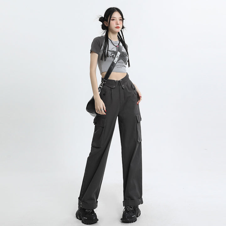 Pantaloni cargo grigio scuro da donna, estivi, eleganti, a vita alta, casual, larghi, dritti e a gamba larga, con coulisse