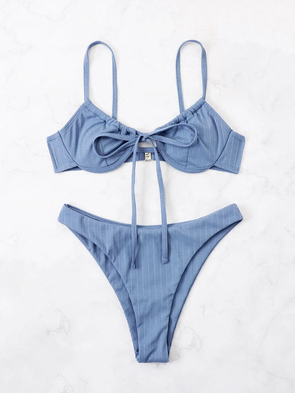 Costume da bagno con ferretto, bikini push-up da donna, con laccetti a costine, 2025, costume da bagno estivo da spiaggia