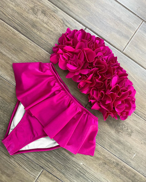 Bikini a triangolo push-up con volant e fiori, nuovo stile estivo , da donna, con scoperta e senza spalline, da spiaggia