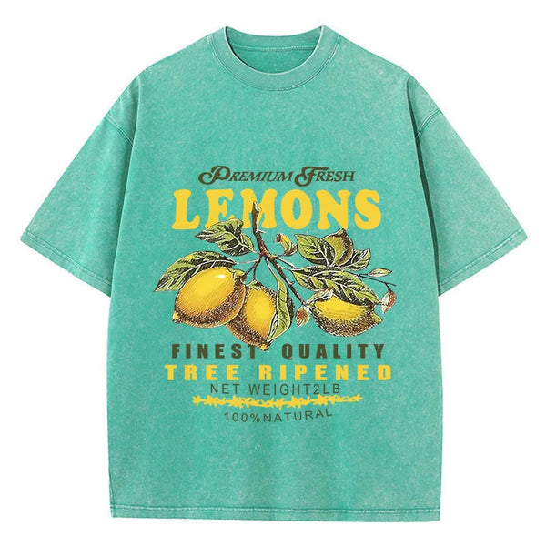 T-shirt da donna in cotone con lavaggio acido, stampa di limoni freschi di alta qualità, oversize, girocollo, manica corta, casual, abbigliamento femminile