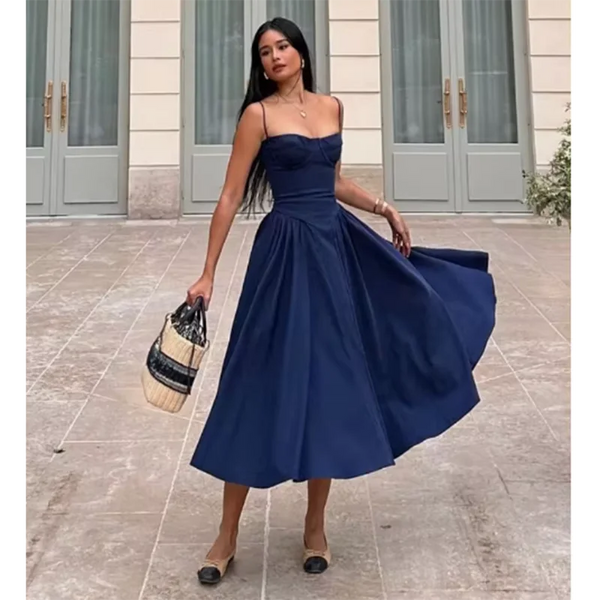 Elegante abito midi con spalline sottili da donna, con bretelle, aderente, a trapezio, nuovo stile primavera estate