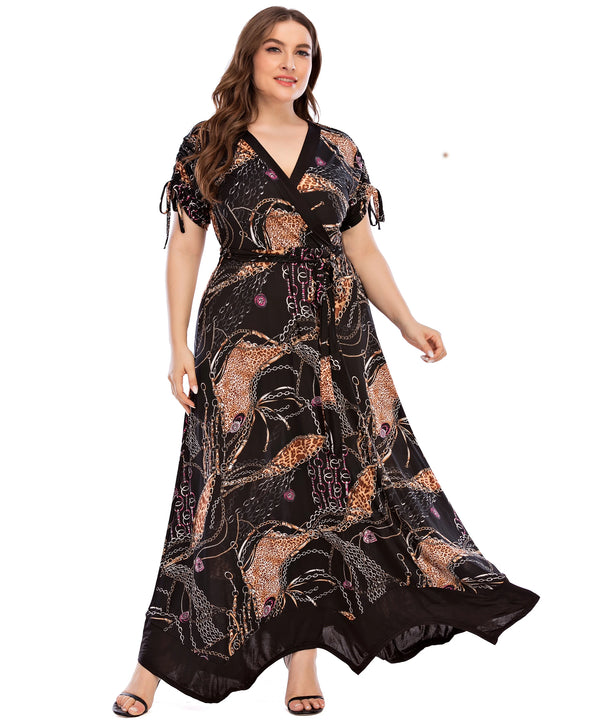 Abito taglie forti da donna, estivo, con scollo a V, manica corta, bianco e nero, con stampa a righe, abito casual, ampio e lungo.