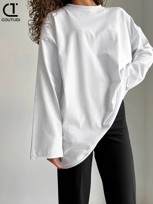 COUTUDI-T-shirt oversize da donna, pullover ampio, manica lunga, maglietta casual in 100% cotone, top da donna, streetwear coreano