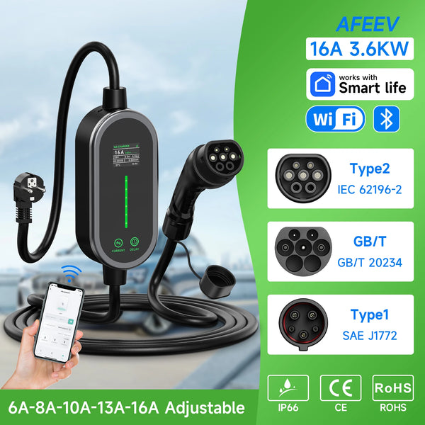 Caricabatterie portatile per veicoli elettrici AFEEV da 3,6 kW, tipo 2 IEC62196-2/tipo 1/GBT, 6-16 A, regolabile, controllo APP IP65, spina UE, ricarica rapida e sicura.