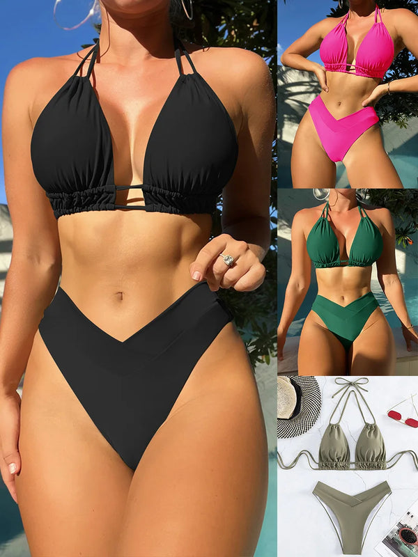 Costume da bagno bikini in nylon tinta unita, modello alla moda, da donna, modello 2025, nuovo stile di abbigliamento da spiaggia per costume da bagno