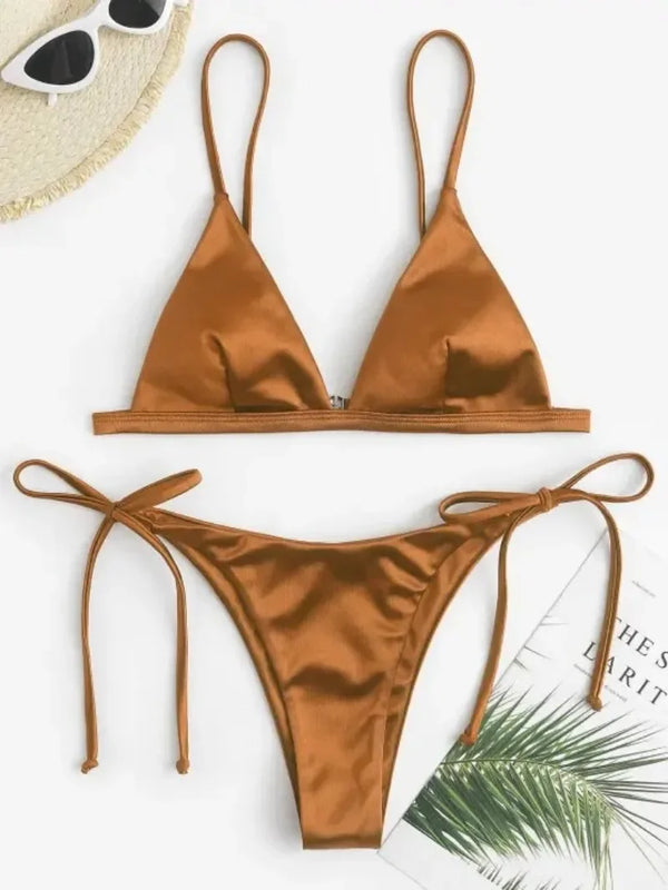 Bikini in raso micro mini, due pezzi, costume da bagno da donna con laccetti, costumi da bagno, bikini, completi da spiaggia, bakini, set di bikini