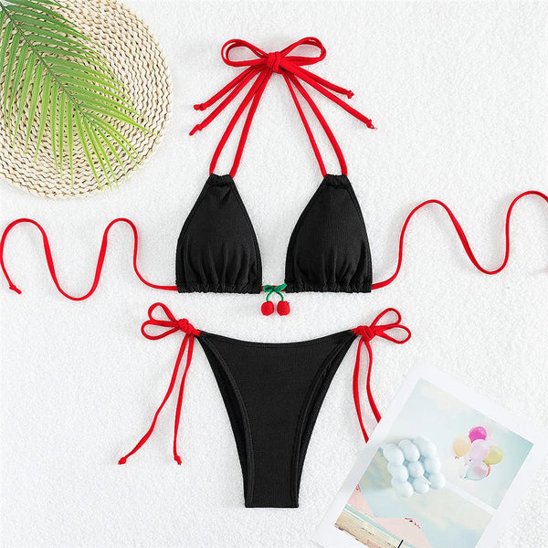 Costume da bagno da donna con perizoma e micro bikini bianco, in tessuto a coste color ciliegia, costume da bagno a triangolo, set bikini 2025