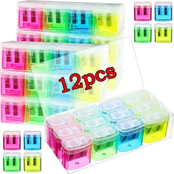 Temperamatite manuale da 12 pezzi, piccola temperamatite portatile colorato a doppio foro con coperchio, 4 colori per mobili scolastiche per bambini