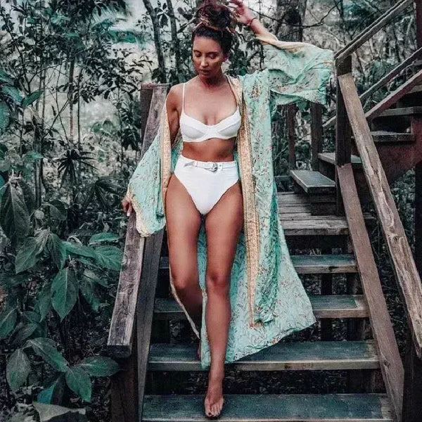 Kimono da spiaggia Happie Queens, bohémien in rayon con stampa floreale verde e maniche a pipistrello, da donna, con scollo a V, stile boho, bikini.