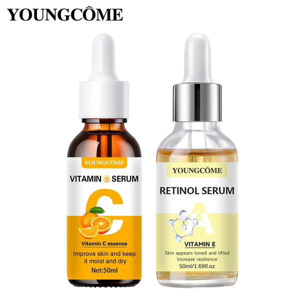 2 sieri fortificati con vitamina C e retinolo ricchi di VC, mantengono la pelle idratata e liscia, levigano le linee sottili e le rughe, la pelle delicata