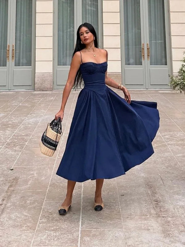 Suninheart Elegante Abito Midi con Spalline Sottili e Linea A Slim Abiti da Festa Blu Navy Casual Compleanno Festa Abbigliamento Donna