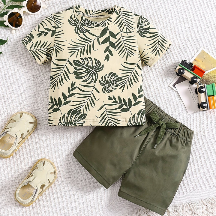Completo in Cotone Misto con Stampa Foglie Tropicali