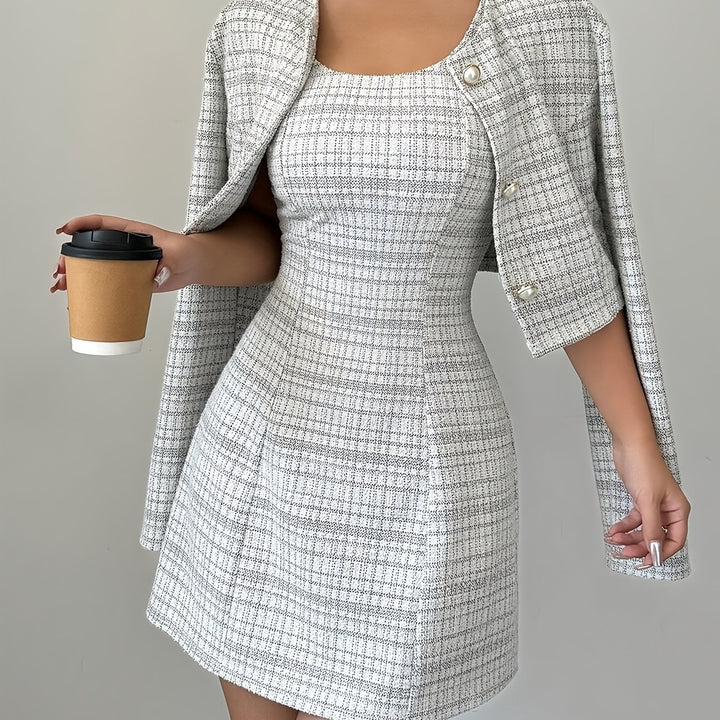 Completo elegante da donna con abito e blazer a quadri