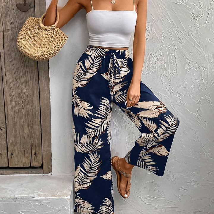 Pantaloni casual a gamba larga con stampa floreale a vita alta