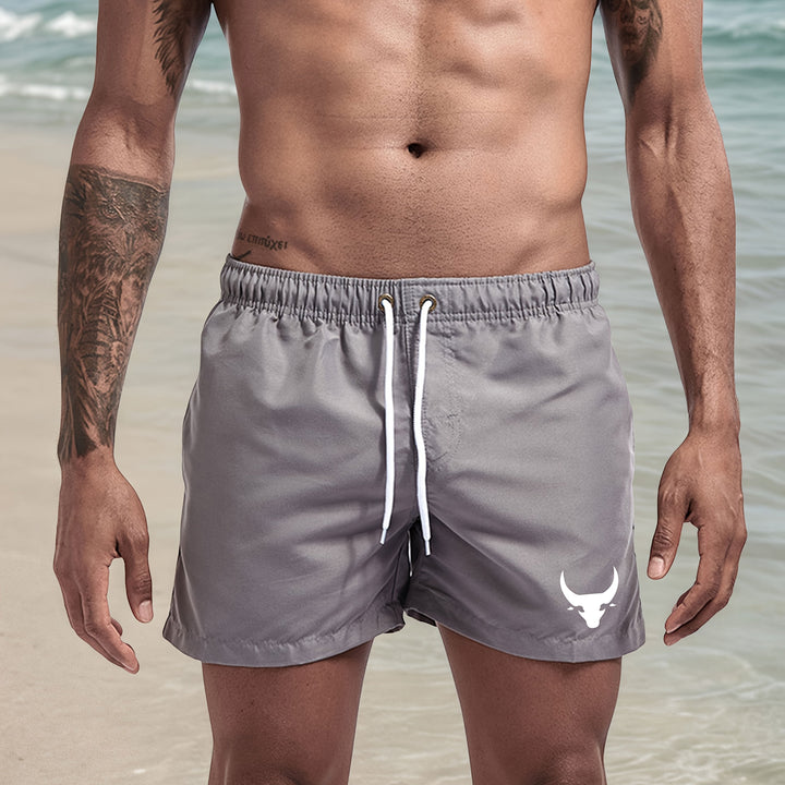 Pantaloncini da bagno casual da uomo con testa di toro, azzurri